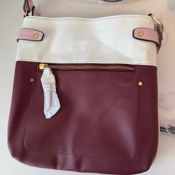 NWT MKF Mia K. Collection Camilla Leather Crossbody Purse Burgundy White Pink - Picture 2 of 8